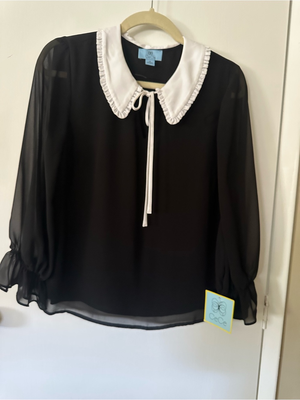 CeCe Black Top with White Peter Pan Collar and Tie